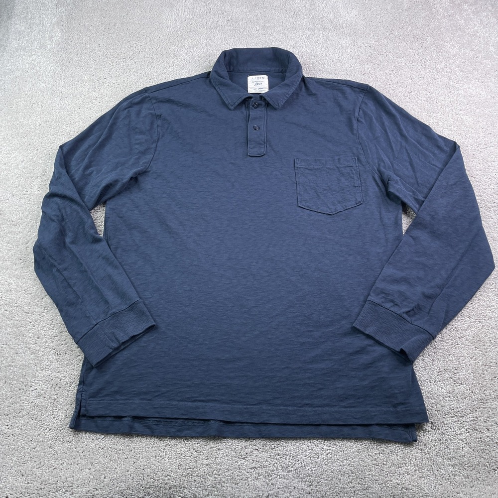 J Crew Polo Shirt Mens XL Blue Ringspun Jersey Long Sleeve Pocket Casual Prep